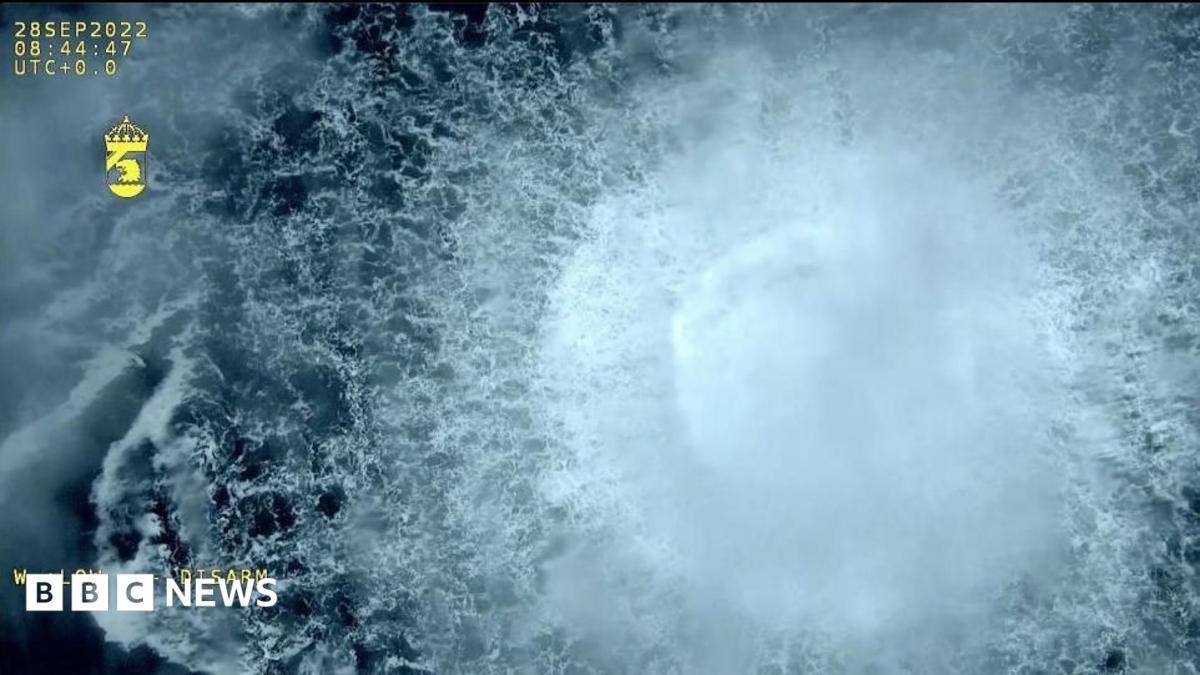 A screen grab from Danish Defense shows a gas leak causes bubbles on the surface of the water at Sea in Sweden on September