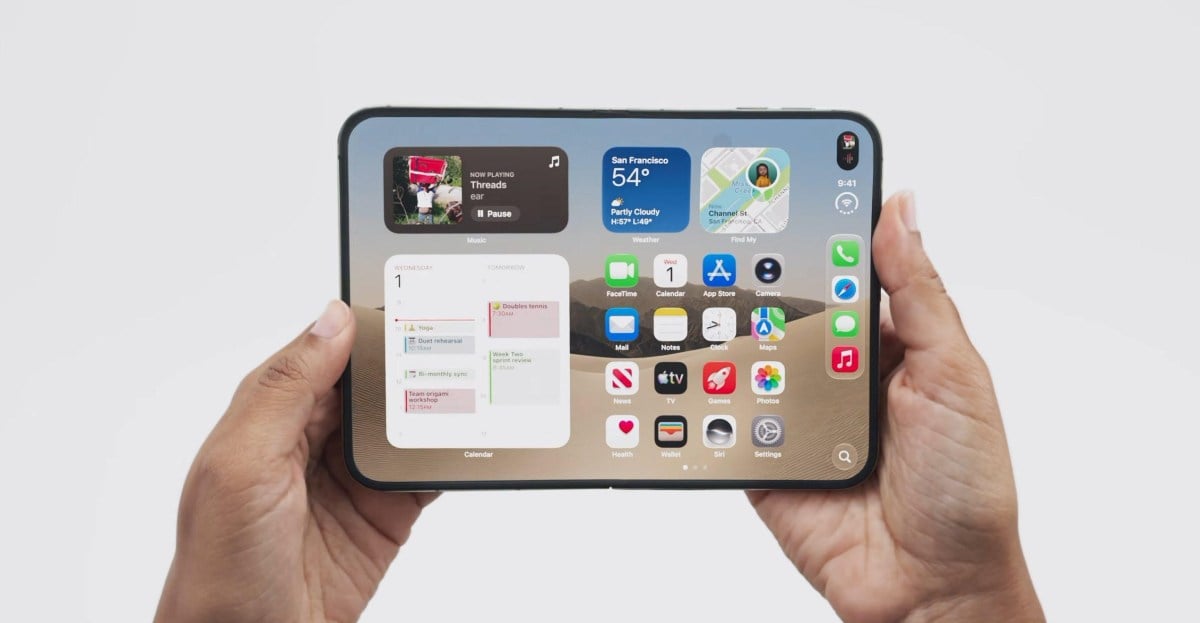 Apple iPhone Duo unfolded showing various widgets and icons