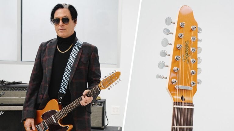 Troy Van Leeuwen poses with his signature Squier Paranormal Telecaster XII