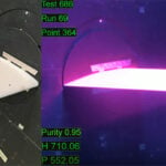 Side‑by‑side images showing a wing-like test article mounted in a wind tunnel. The left image displays the pale, unlit test