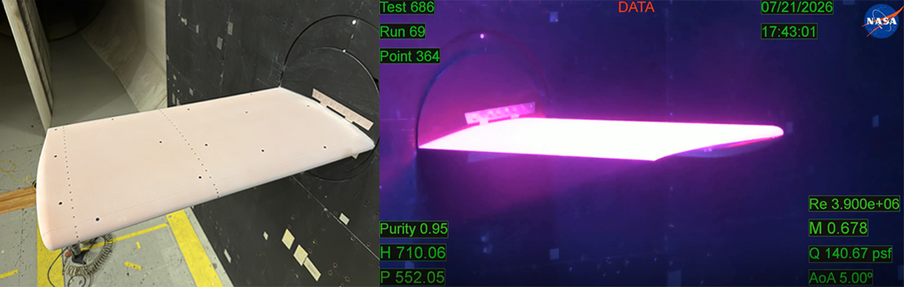 Side‑by‑side images showing a wing-like test article mounted in a wind tunnel. The left image displays the pale, unlit test