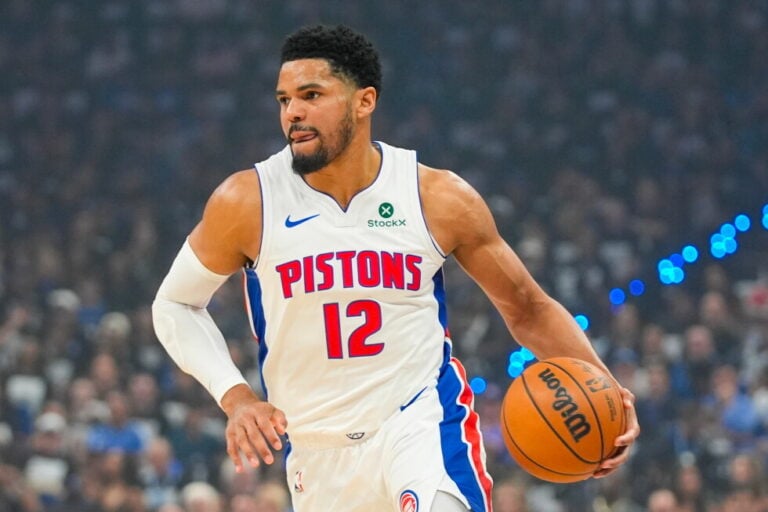 Detroit Pistons forward Tobias Harris advances the ball against the Orlando Magic during the first half in Game 6 of a