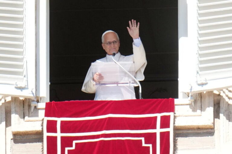 Pope Leo XIV delivers the Angelus prayer in St. Peter's Square at the Vatican, Sunday, Oct. 11, 2026. (AP Photo/Gregorio