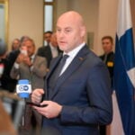 Prime Minister of Latvia Andris Kulbergs speaks to the media during the European Arctic Summit in Rovaniemi, Finland