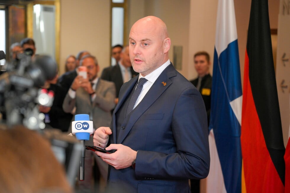 Prime Minister of Latvia Andris Kulbergs speaks to the media during the European Arctic Summit in Rovaniemi, Finland
