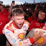BATHURST, AUSTRALIA - OCTOBER 11: Brodie Kostecki driver of the #17 Shell V-Power Racing Team Ford Mustang GT celebrates