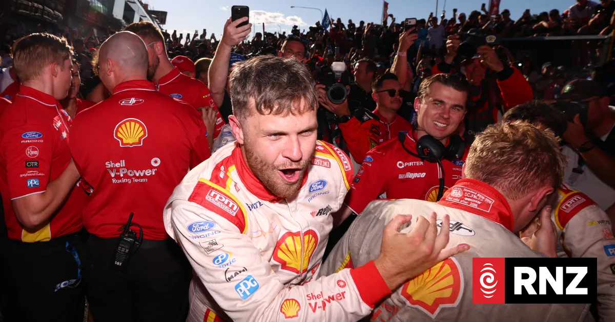 BATHURST, AUSTRALIA - OCTOBER 11: Brodie Kostecki driver of the #17 Shell V-Power Racing Team Ford Mustang GT celebrates