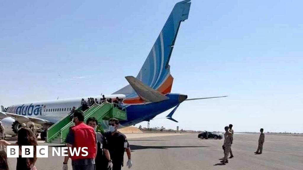 The Flydubai aircraft after its emergency landing appears to show it has sustained damage to its tail fin