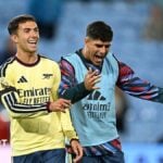Piero Hincapie and Martin Zubimendi before Arsenal's Premier League match against Aston Villa