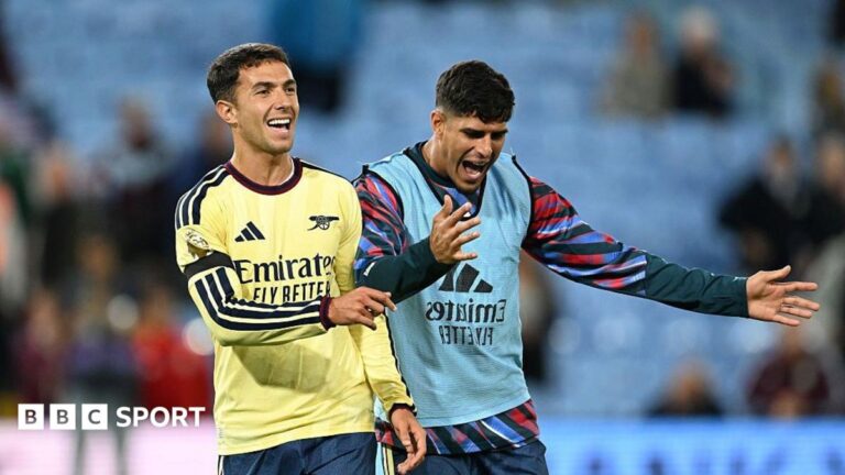 Piero Hincapie and Martin Zubimendi before Arsenal's Premier League match against Aston Villa