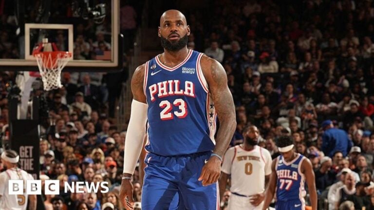 LeBron James #23 of the Philadelphia 76ers looks on during the game against the New York Knicks on October 20, 2026 at
