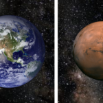 A blue green and white sphere next to a dusty red sphere. A vertical white live sits between the two