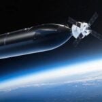 illustration of a large, cylindrical black spacecraft docked in earth orbit with a small white capsule