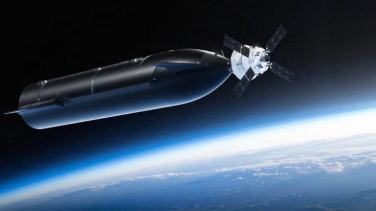 illustration of a large, cylindrical black spacecraft docked in earth orbit with a small white capsule